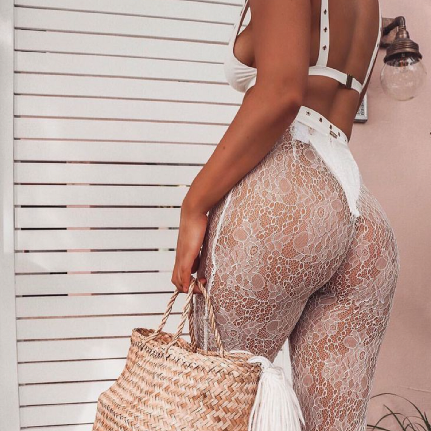 nwt meshki lolita white lace flare beach pants - size xs