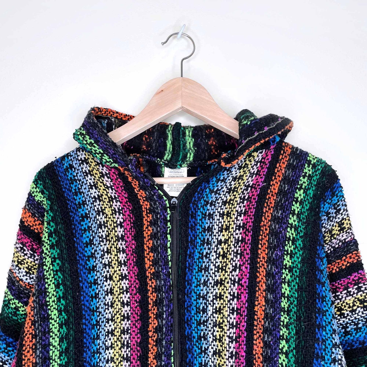 mexican baja striped hooded poncho jacket - size large