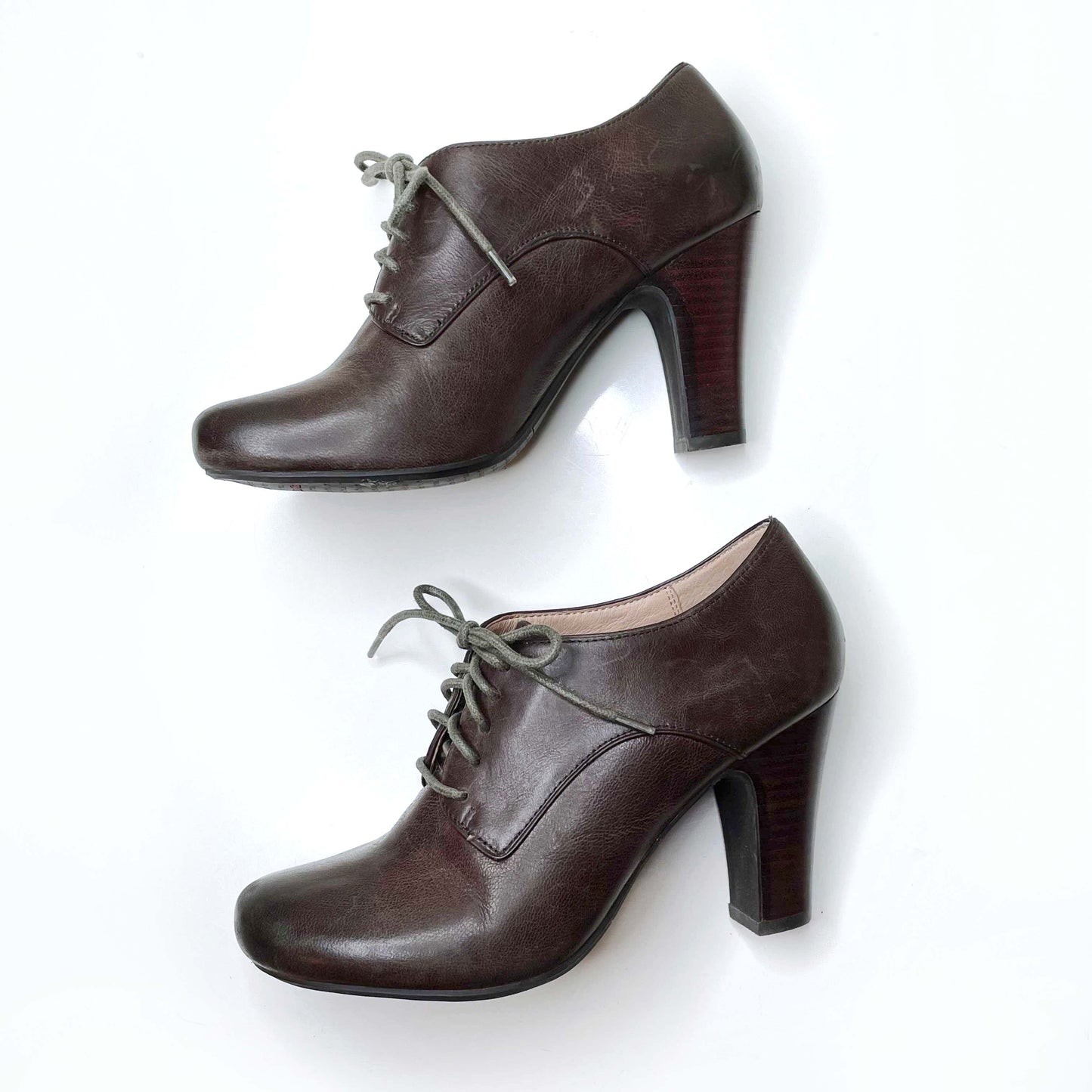 miz mooz brown leather lace-up heeled loafers - size 7