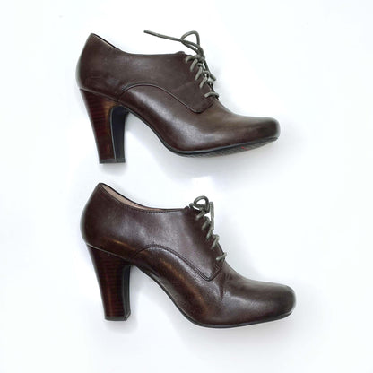 miz mooz brown leather lace-up heeled loafers - size 7