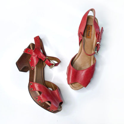 miz mooz red leather heather platform clog sandals - size 7