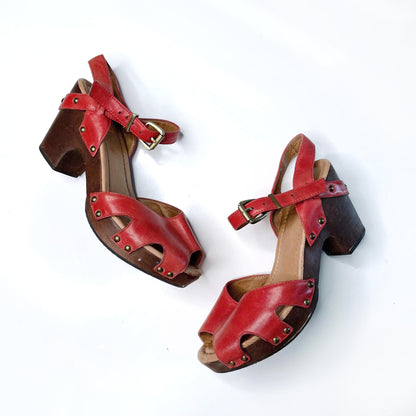 miz mooz red leather heather platform clog sandals - size 7