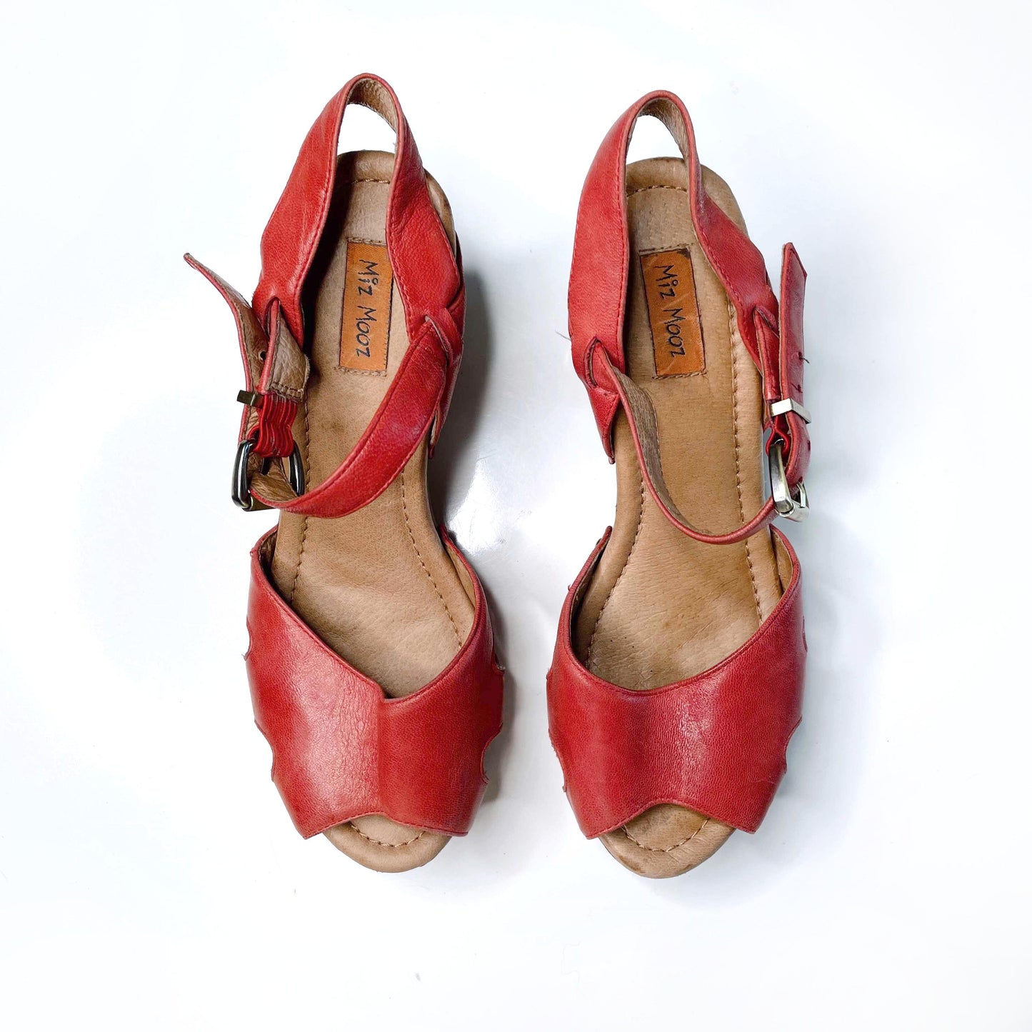 miz mooz red leather heather platform clog sandals - size 7