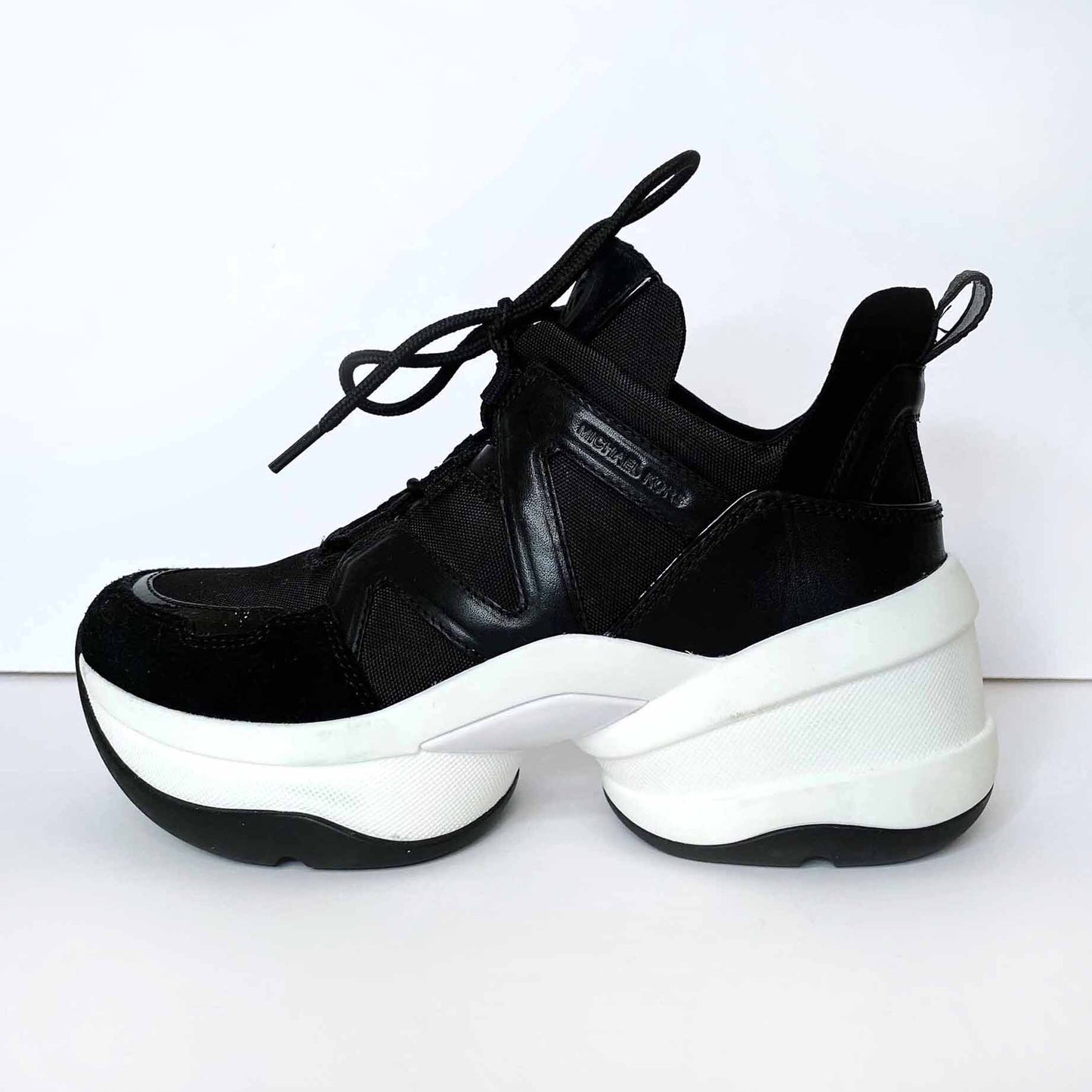 michael kors olympia canvas and suede chunky sole sneakers - size 7.5