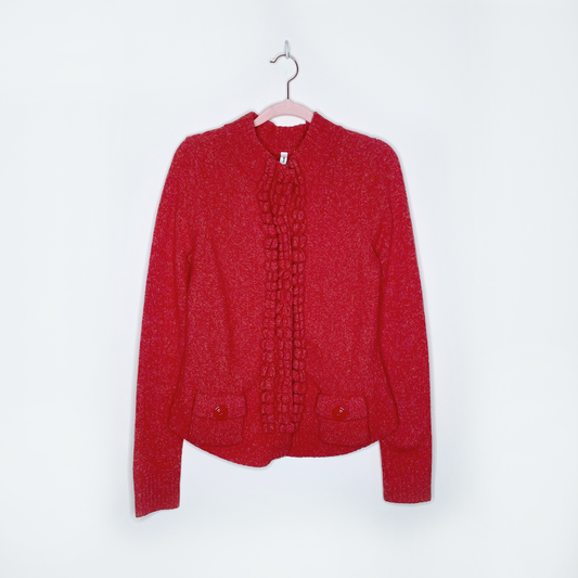 moth orange snap button ruffle wool-blend cardigan - size small