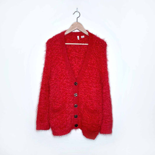 moth emile wool-blend fuzzy chunky red cardigan sweater - size small