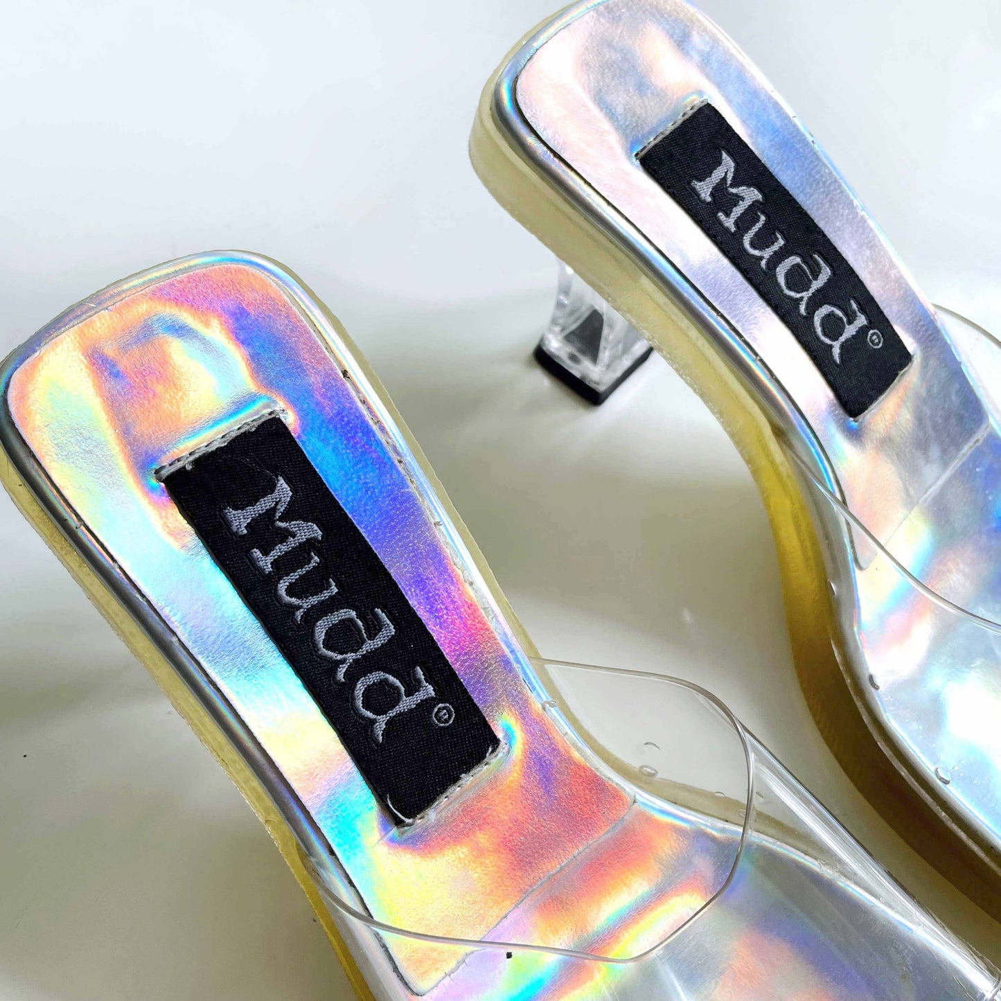 vintage mudd 90's mambo clear holographic heels - size 6