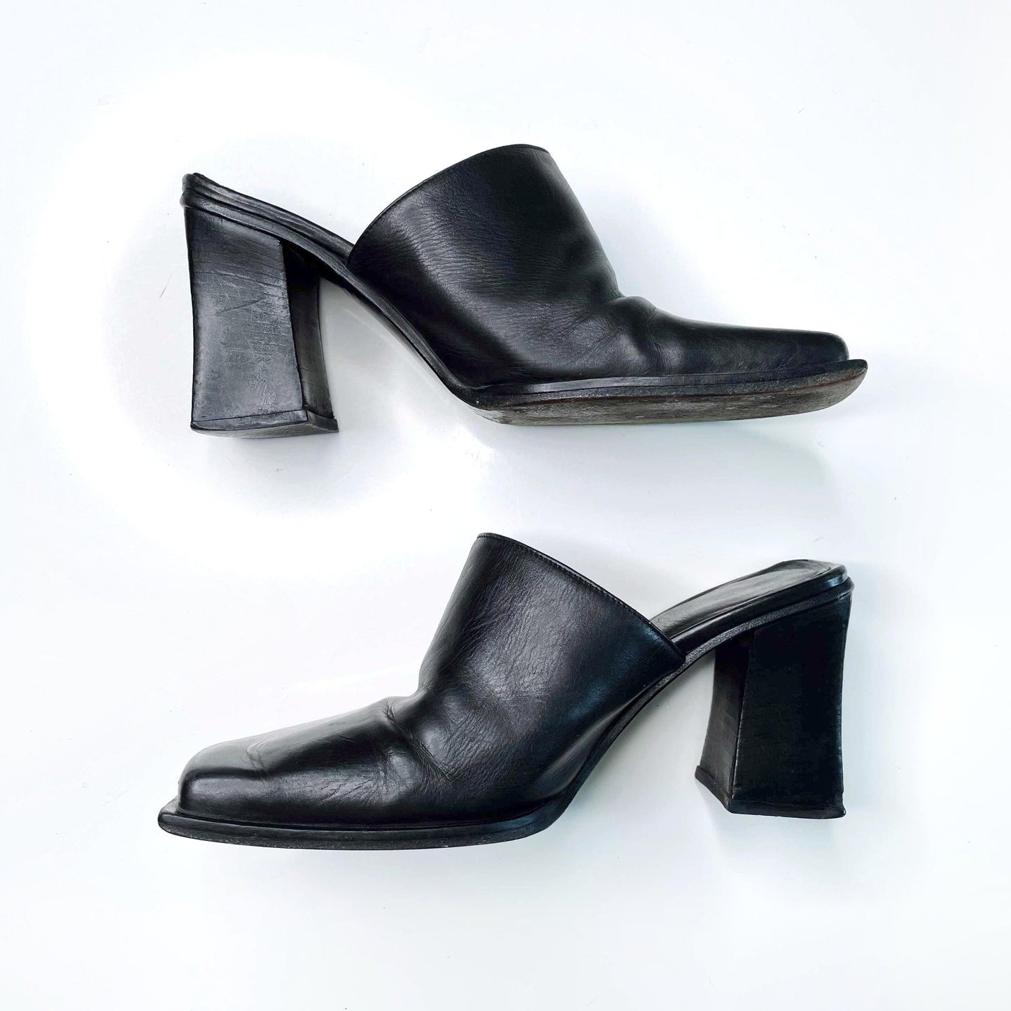 vintage black leather square toe mules - size 37