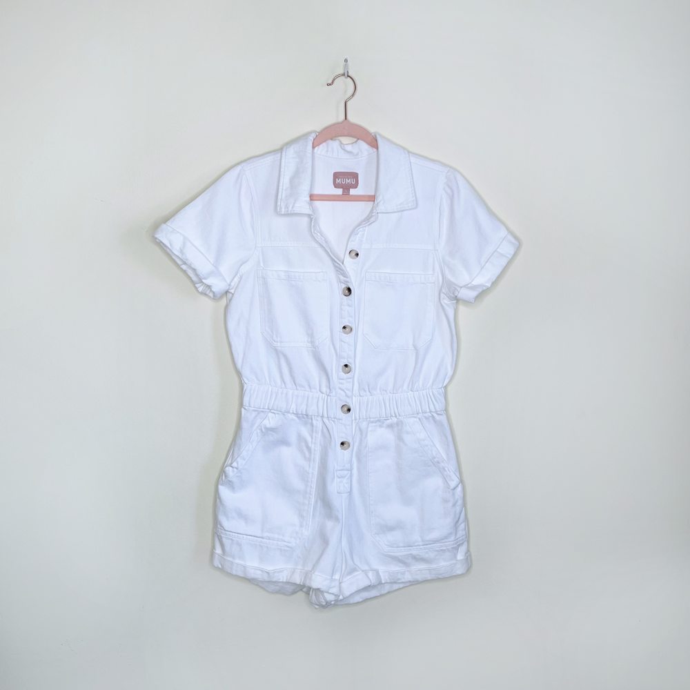 show me your mumu denim canon romper in sea salt - size large