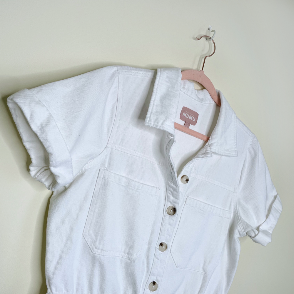 show me your mumu denim canon romper in sea salt - size large