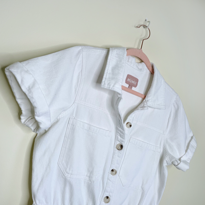 show me your mumu denim canon romper in sea salt - size large