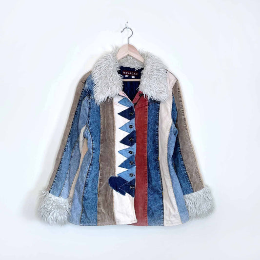 vintage nevada y2k patchwork cord denim jacket with faux fur trim - size 16