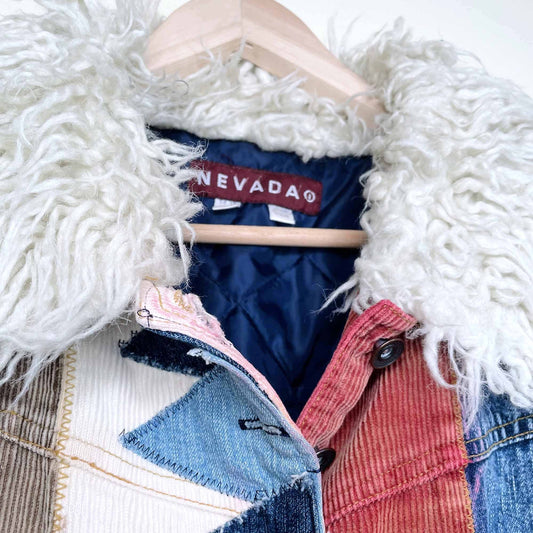 vintage nevada y2k patchwork cord denim jacket with faux fur trim - size 16