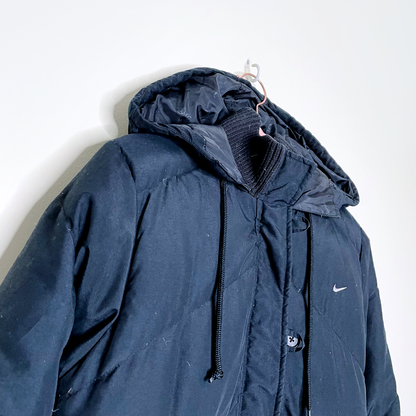 nike black small swoosh long hooded puffer jacket - size xs
