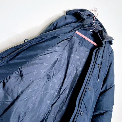 nike black small swoosh long hooded puffer jacket - size xs