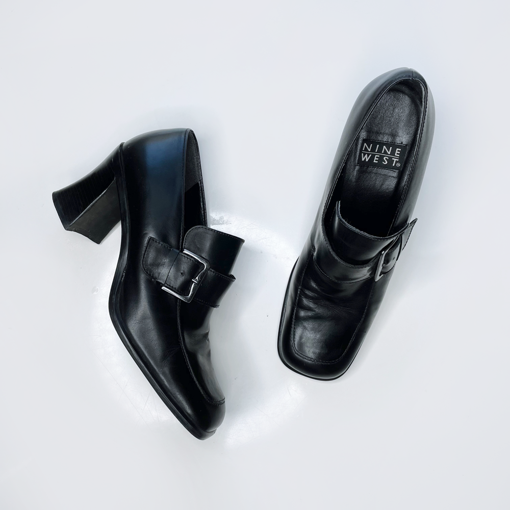 vintage nine west black leather brixton buckled heeled loafers - size 9.5