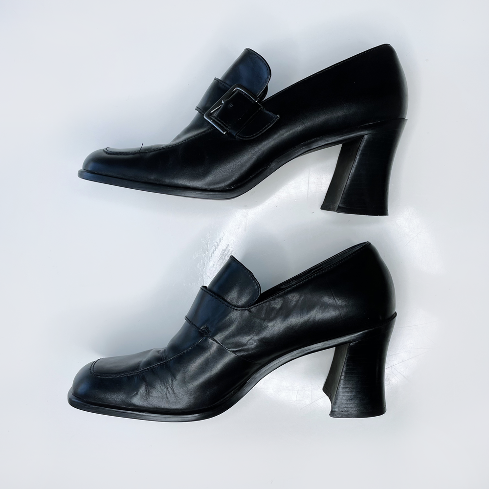 vintage nine west black leather brixton buckled heeled loafers - size 9.5