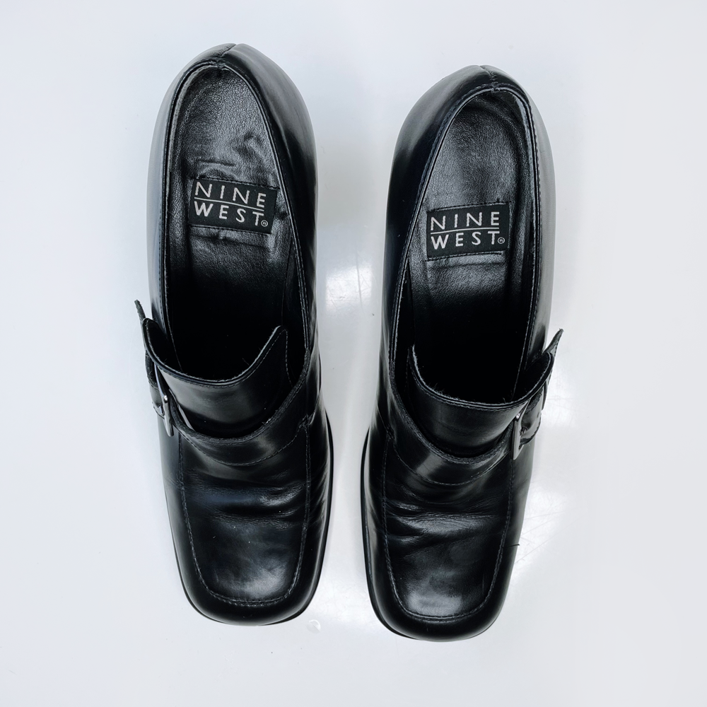 vintage nine west black leather brixton buckled heeled loafers - size 9.5