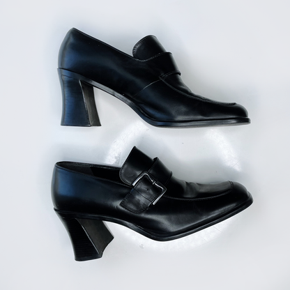 vintage nine west black leather brixton buckled heeled loafers - size 9.5
