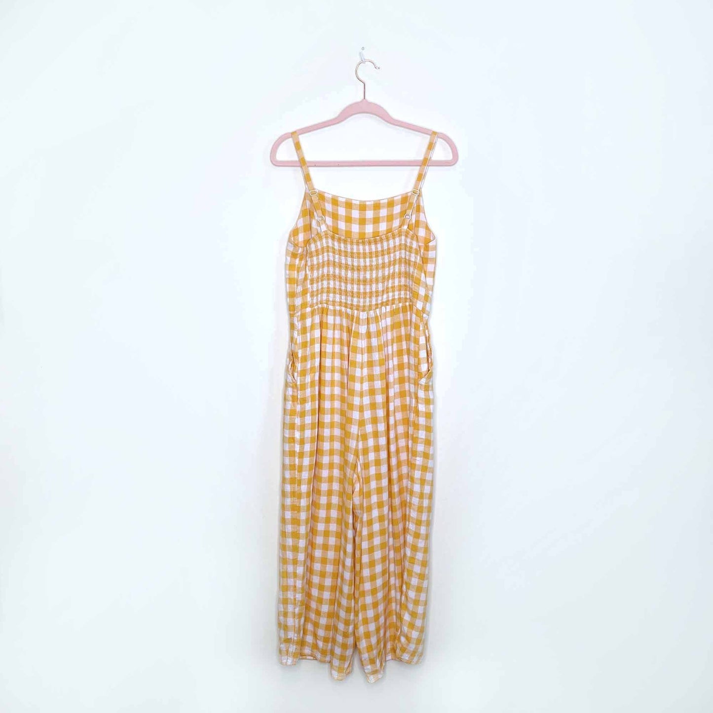 old navy yellow gingham plaid linen-blend jumpsuit - size medium