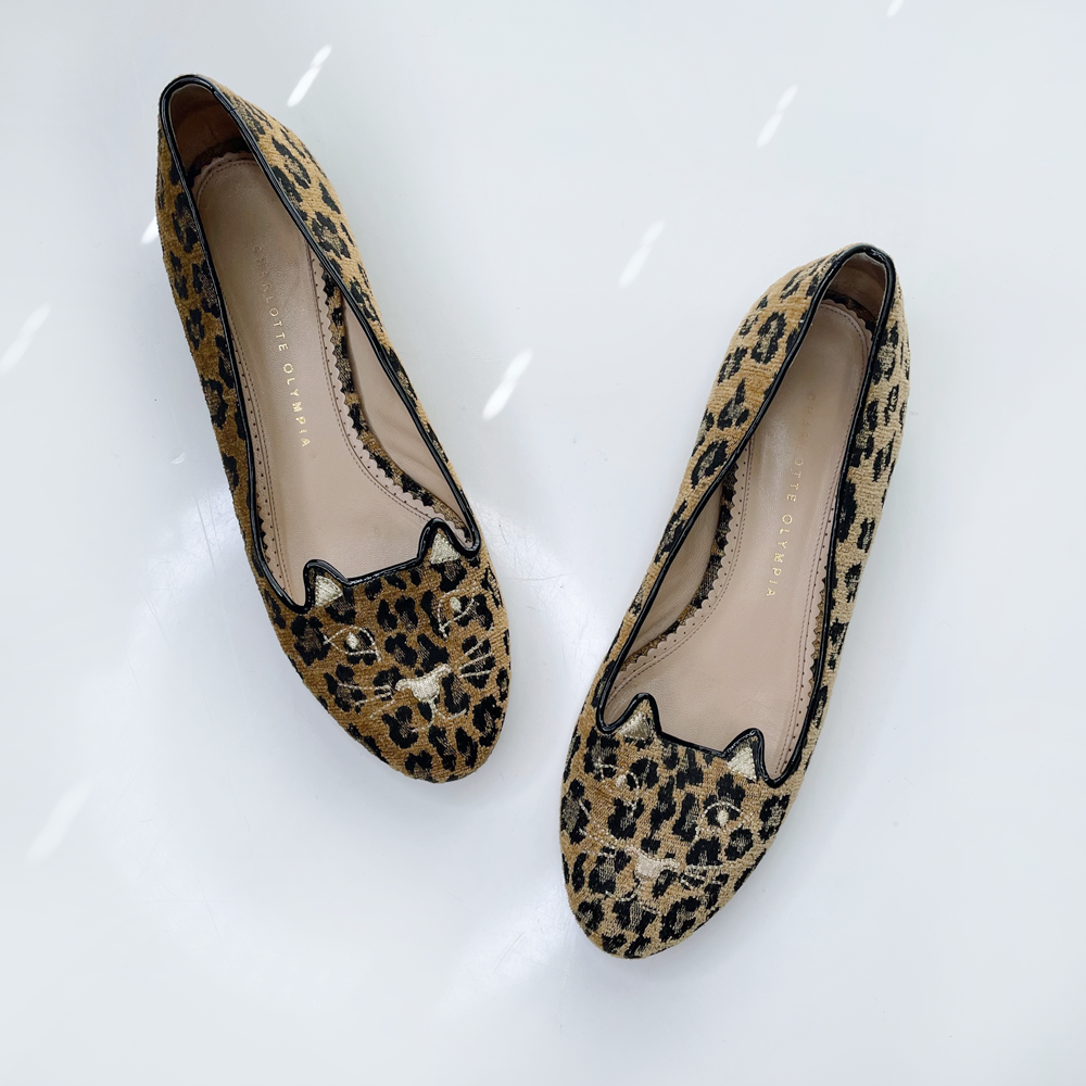 charlotte olympia pony hair leopard embroidered cat flats - size 40