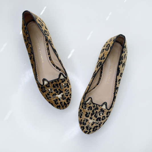 charlotte olympia pony hair leopard embroidered cat flats - size 40