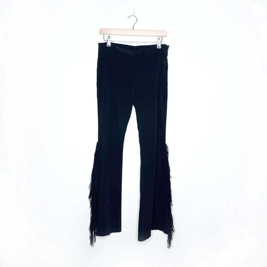 vintage low rise black faux suede flare pants with fringe - size 27