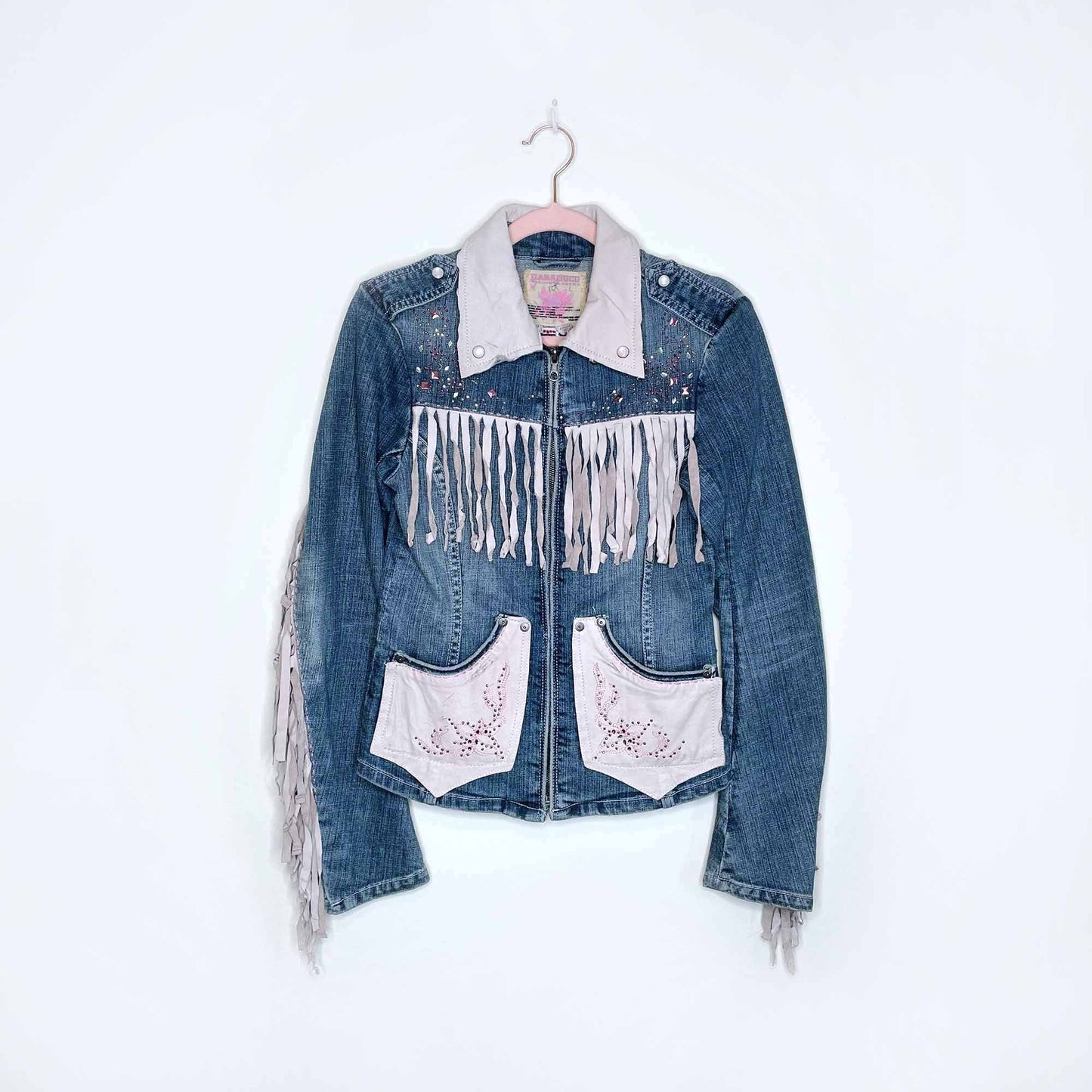 nwt vintage parasuco y2k denim jacket with leather fringe - size small