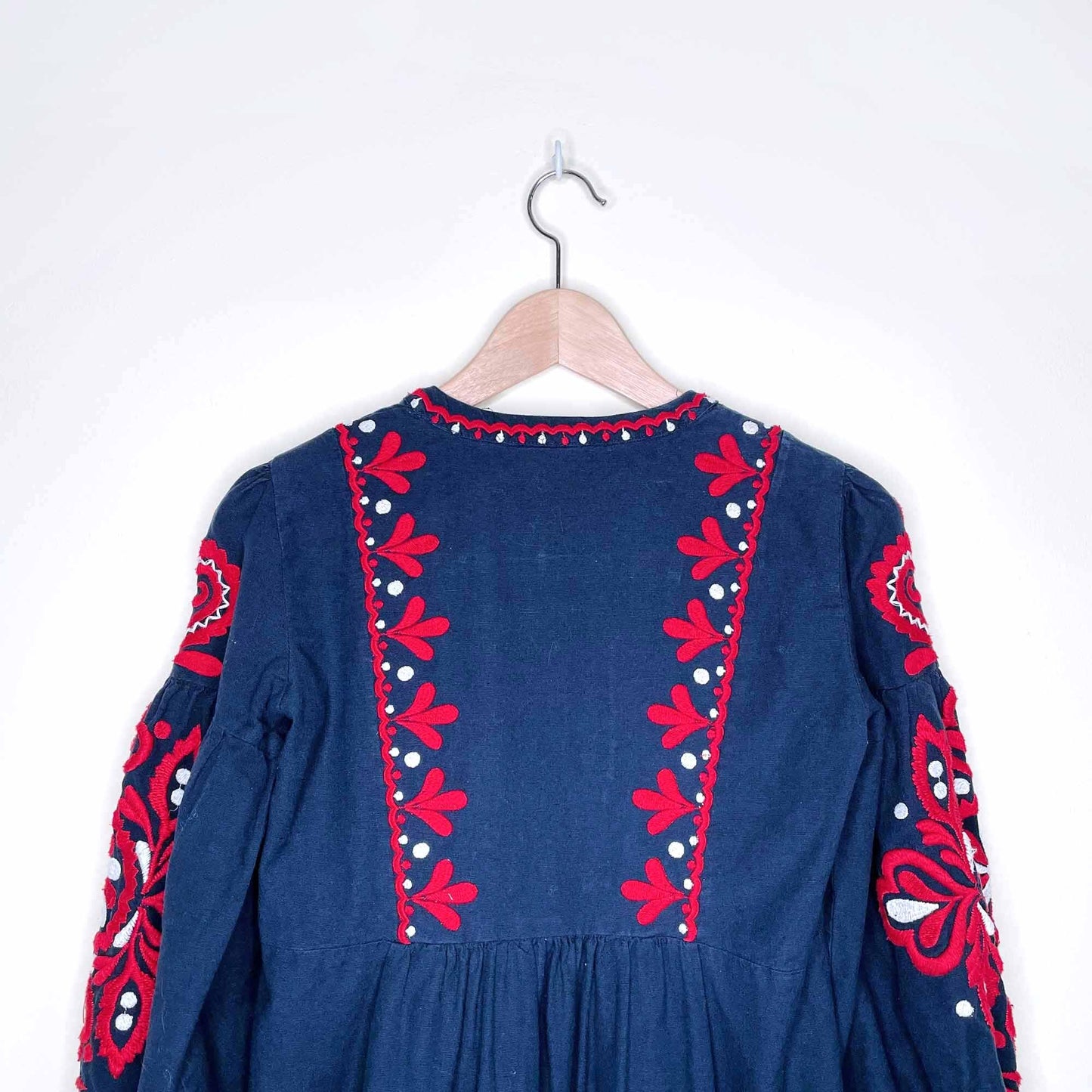 zara boho embroidered puff sleeve folk dress - size xs