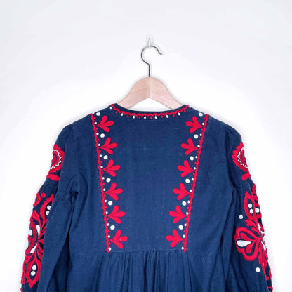 zara boho embroidered puff sleeve folk dress - size xs