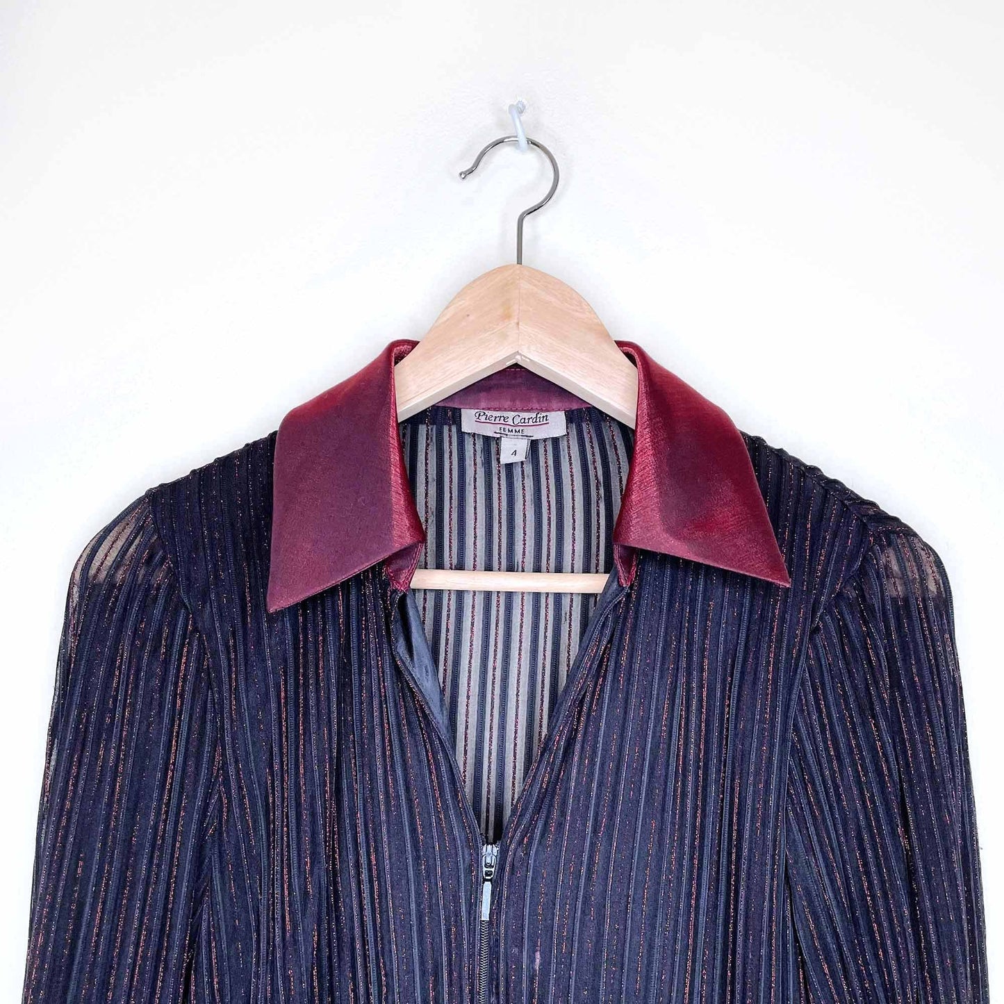 vintage pierre cardin disco metallic chiffon zip-up blouse - size 4