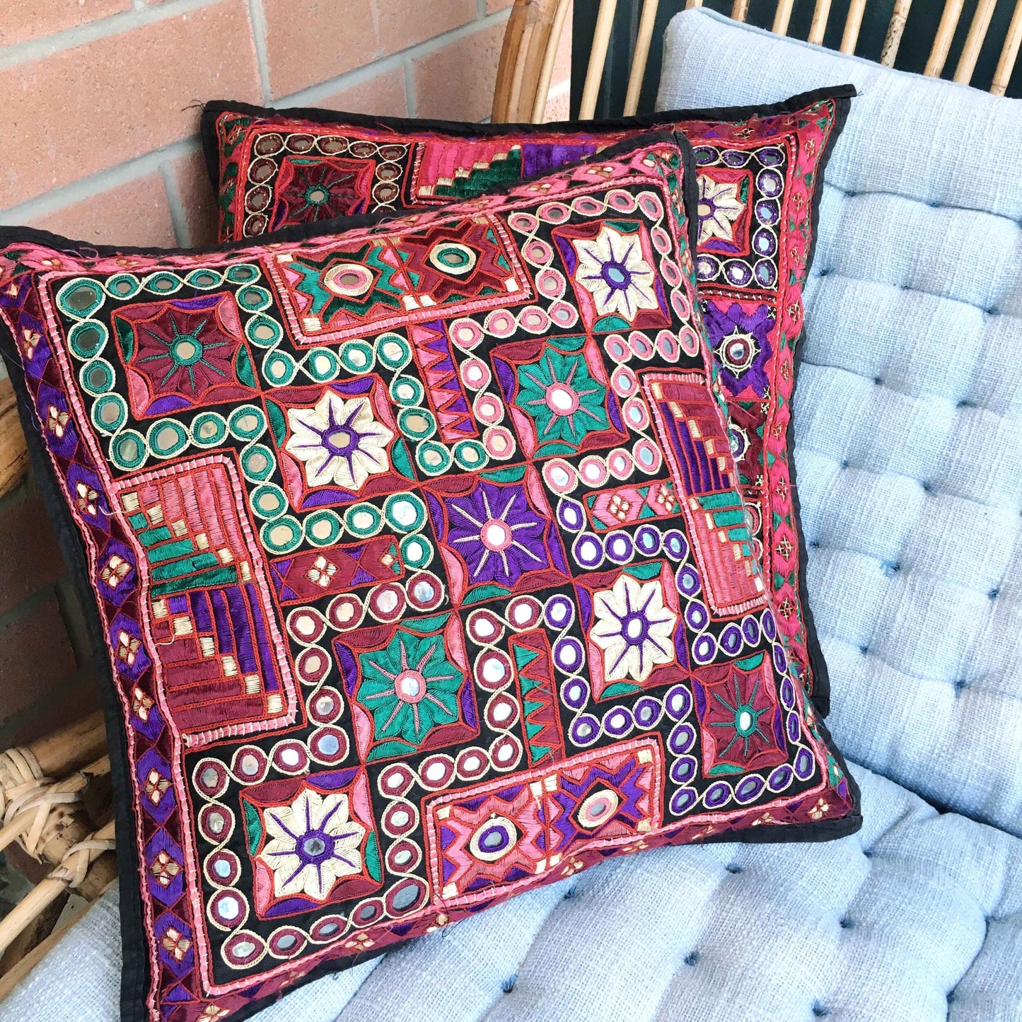 Vintage Indian hand-embroidered mirror boho pillow cases - set of 2