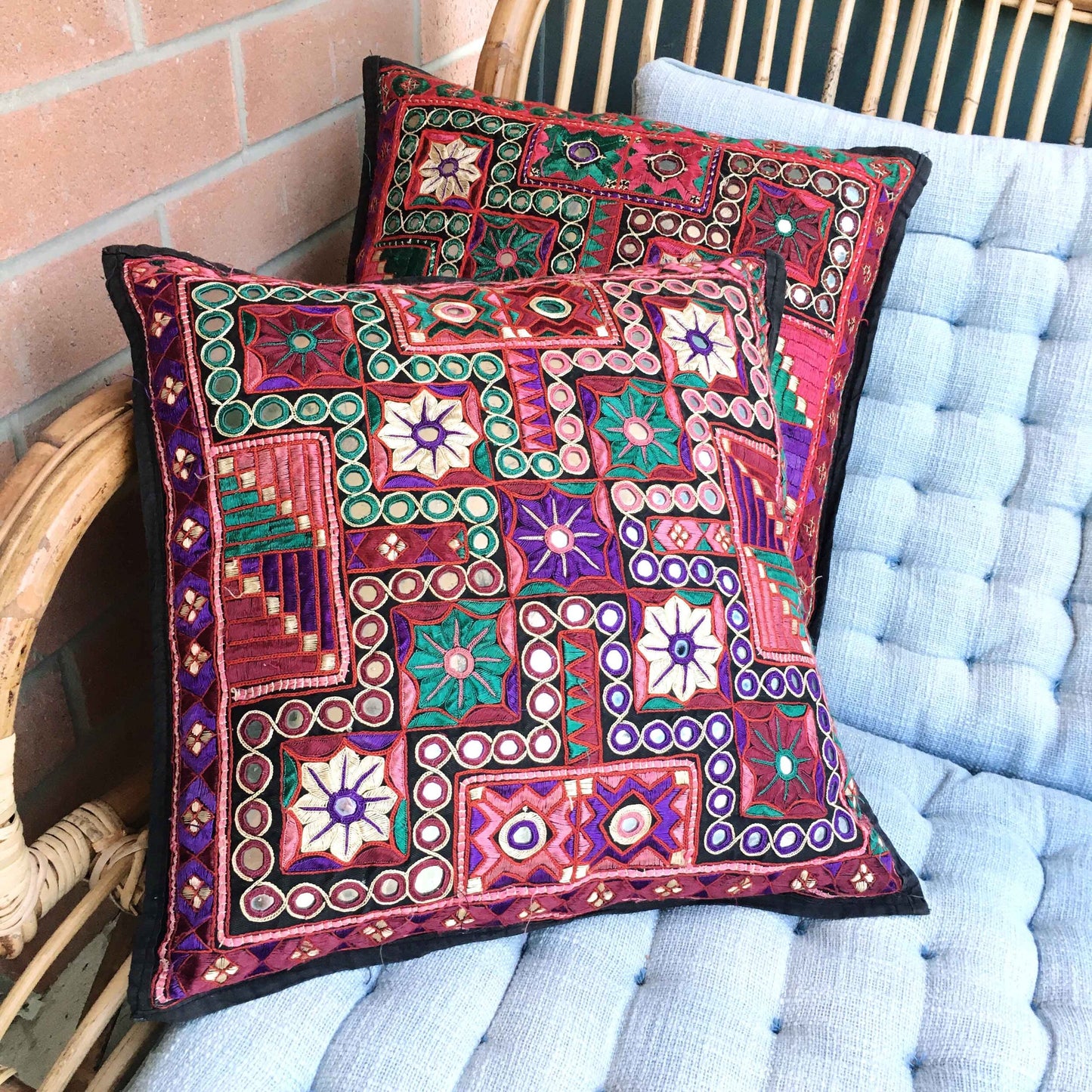 Vintage Indian hand-embroidered mirror boho pillow cases - set of 2