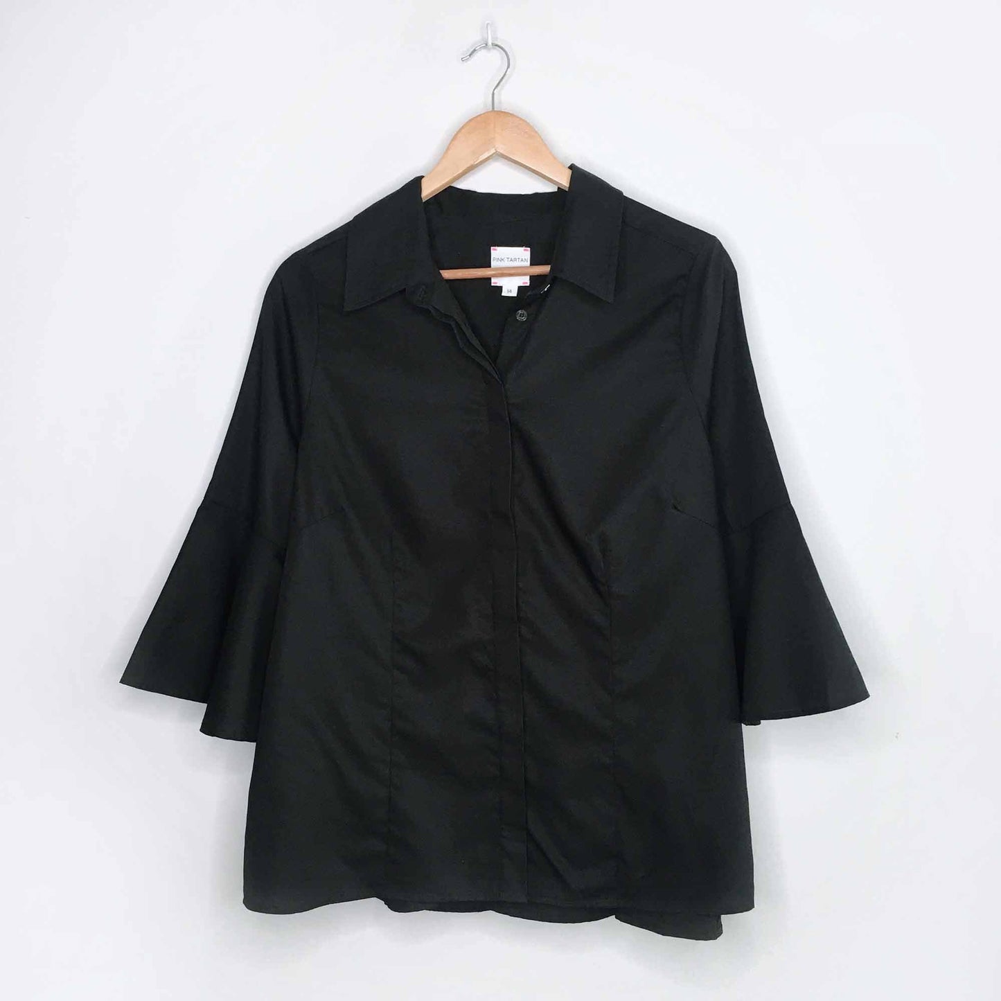 Pink Tartan bell sleeve peplum hem button down - size 14