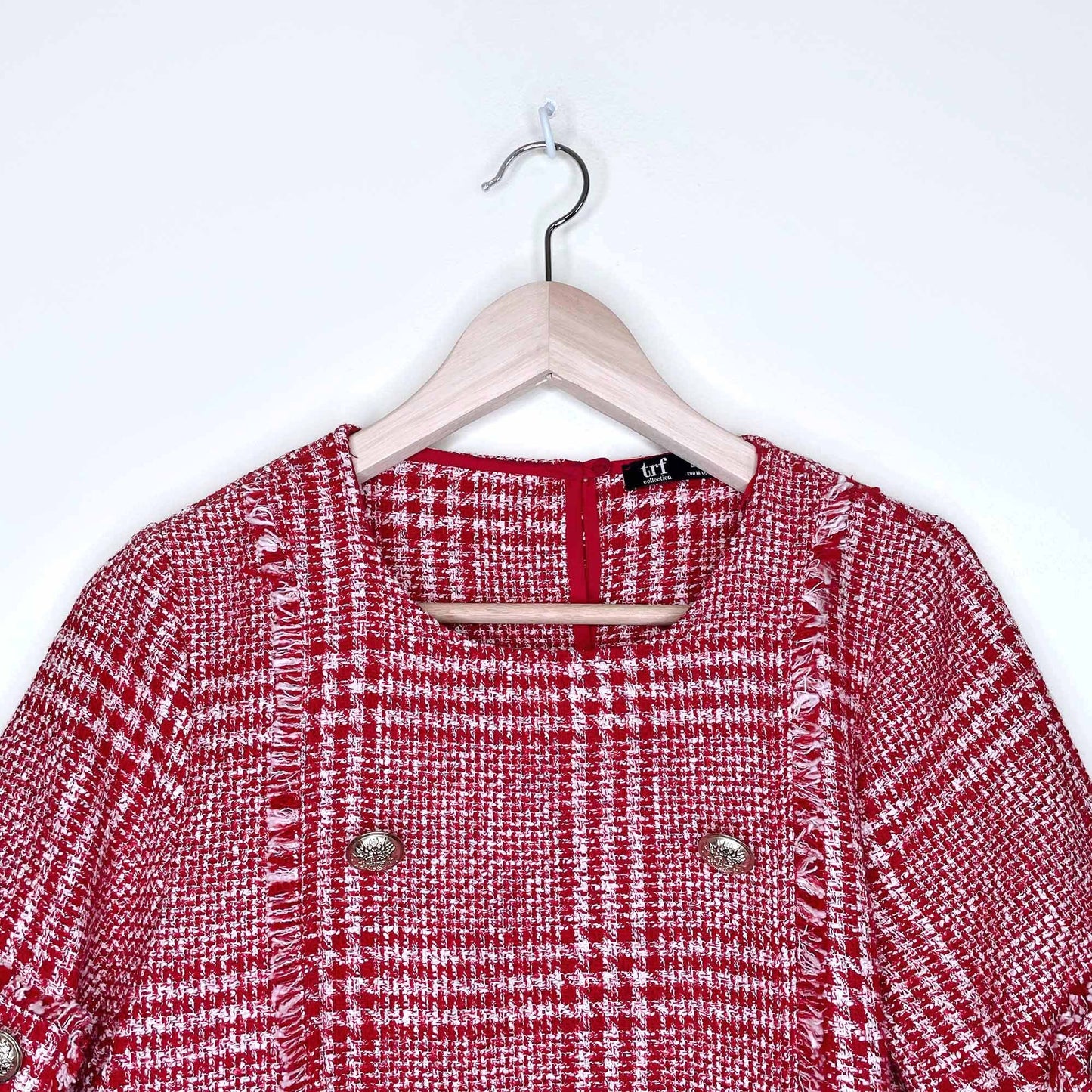 zara trf red tweed short sleeve fringe top with gold buttons - size medium