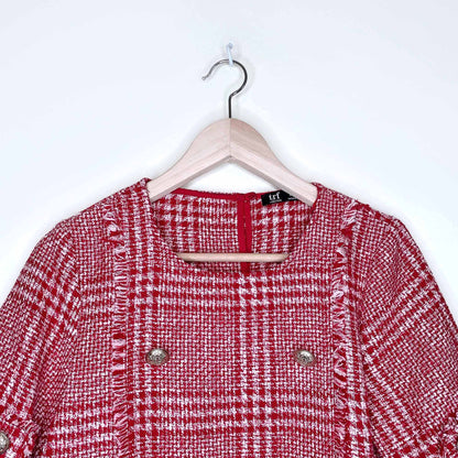 zara trf red tweed short sleeve fringe top with gold buttons - size medium