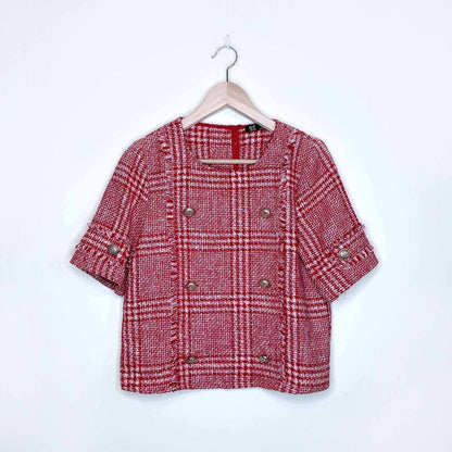 zara trf red tweed short sleeve fringe top with gold buttons - size medium