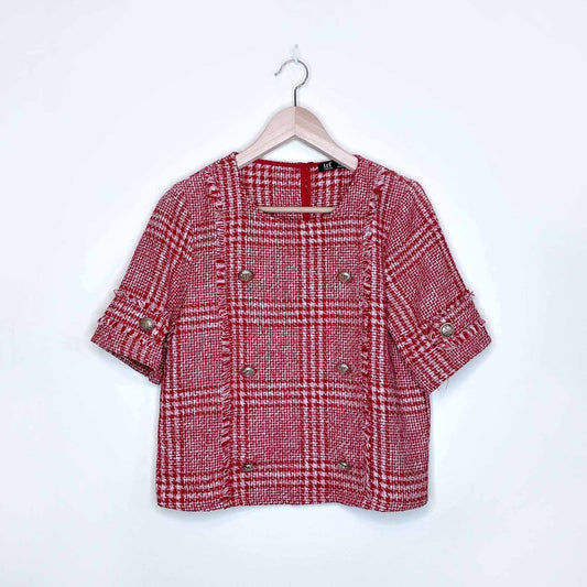 zara trf red tweed short sleeve fringe top with gold buttons - size medium