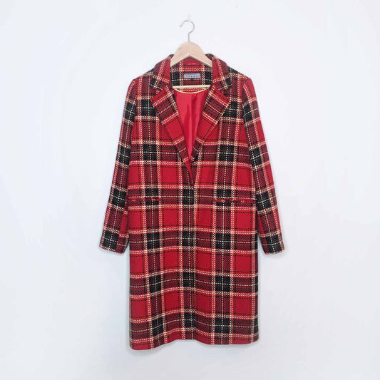 freez red tartan plaid long jacket - size 12 (small)