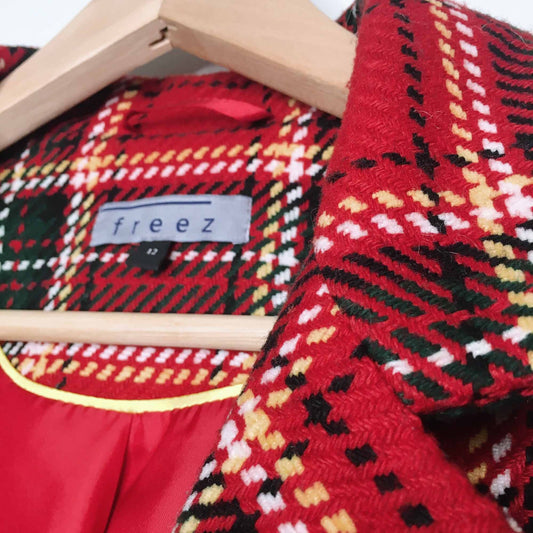 freez red tartan plaid long jacket - size 12 (small)