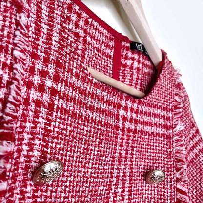 zara trf red tweed short sleeve fringe top with gold buttons - size medium