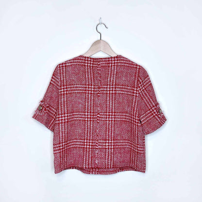 zara trf red tweed short sleeve fringe top with gold buttons - size medium