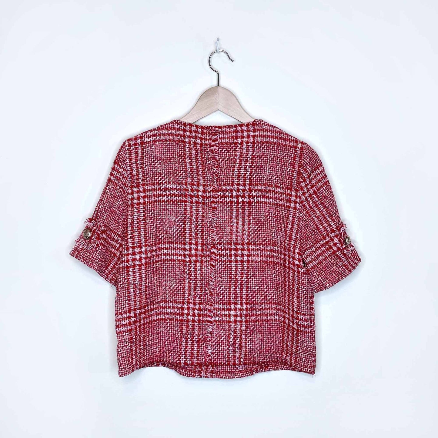 zara trf red tweed short sleeve fringe top with gold buttons - size medium