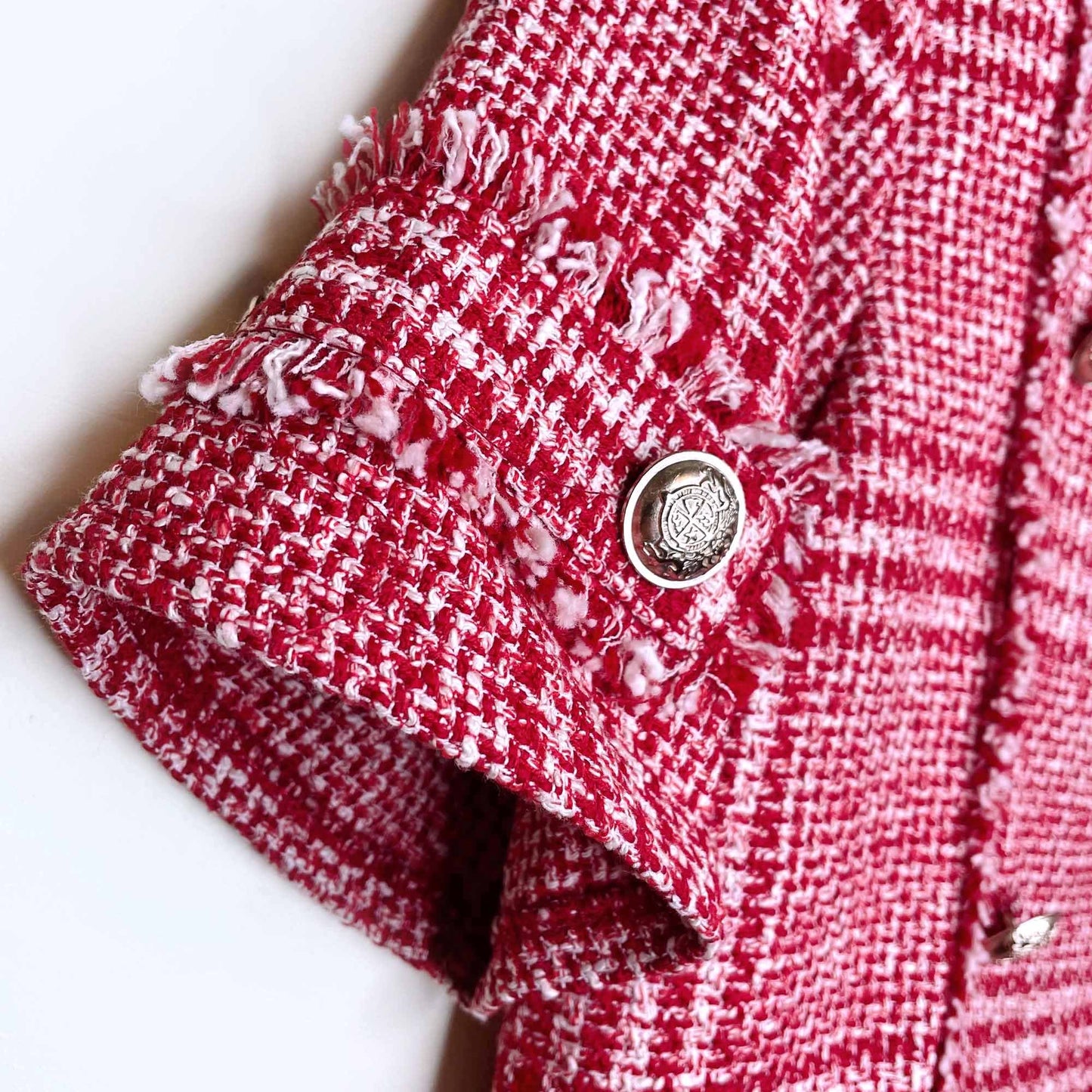 zara trf red tweed short sleeve fringe top with gold buttons - size medium