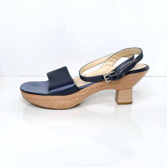 prada blue satin sandals with wood sole - size 37