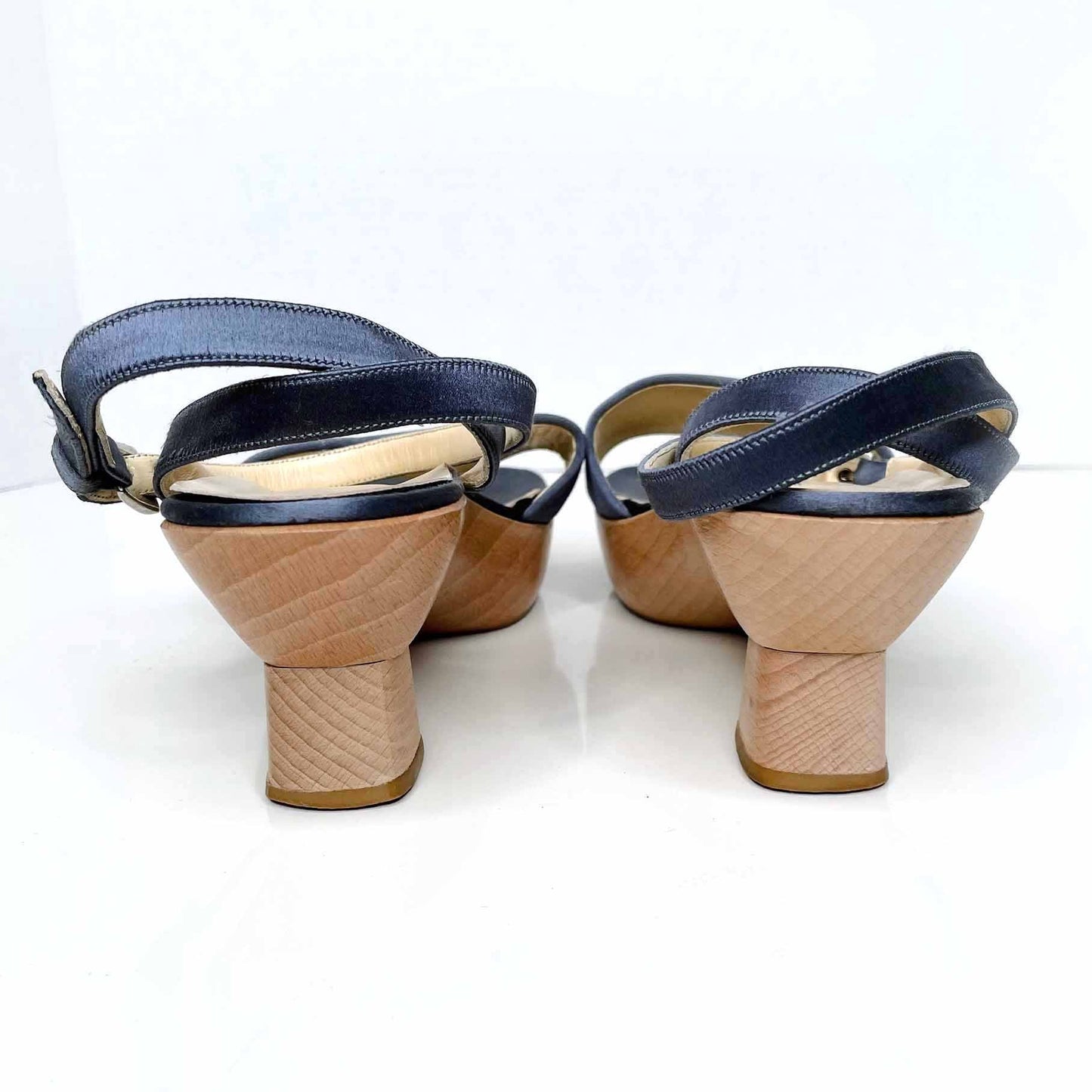prada blue satin sandals with wood sole - size 37