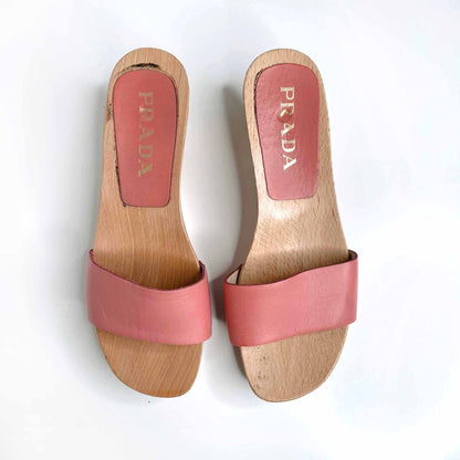 prada pink leather slide sandal with wood heel - size 38