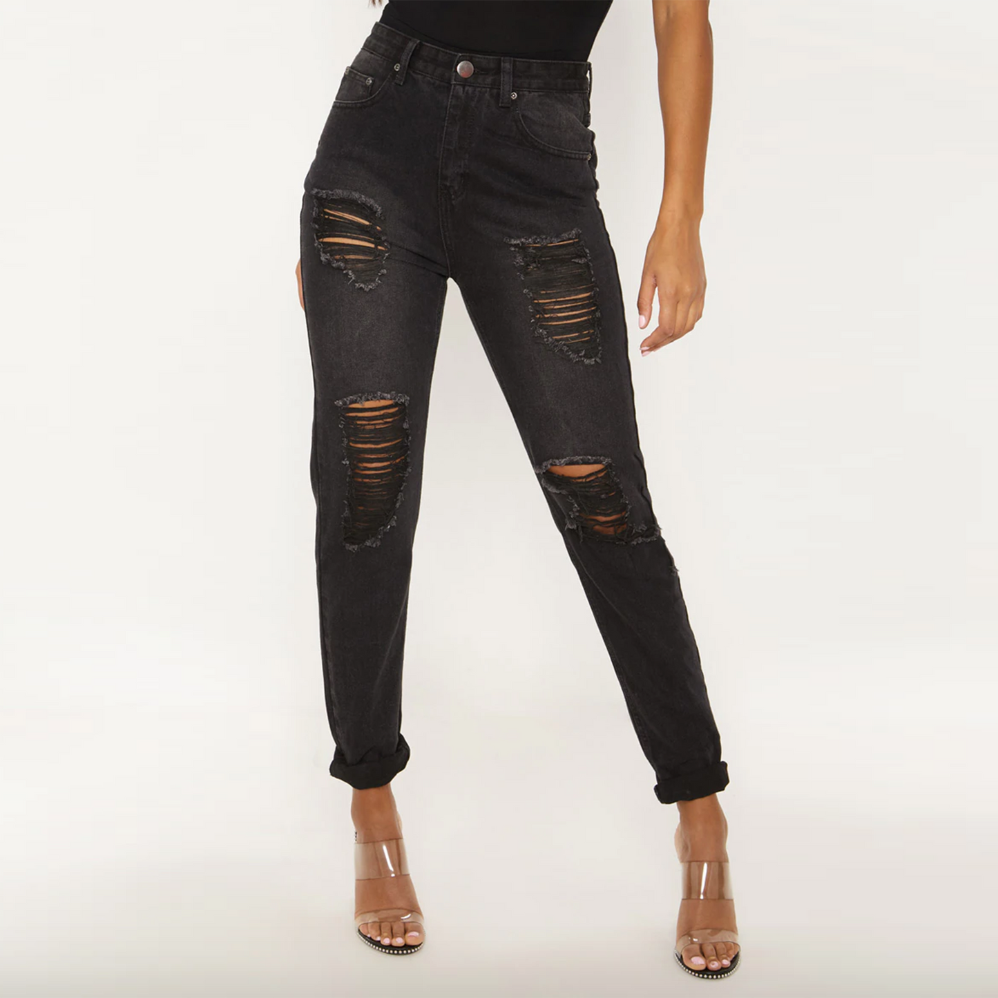 nwt prettylittlething extreme wash ripped turn up mom jeans - size 4