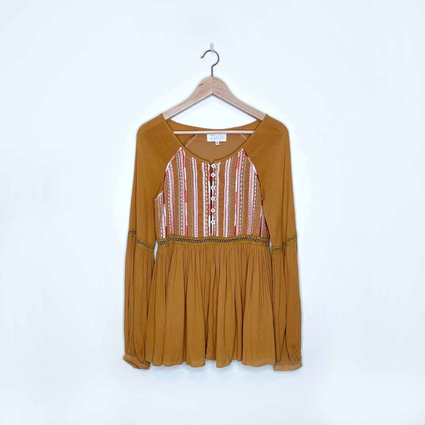 rahi cali mustard embroidered boho long sleeve top - size xs