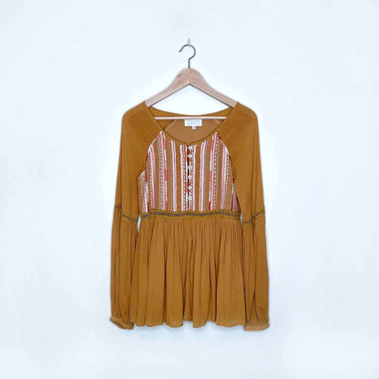 rahi cali mustard embroidered boho long sleeve top - size xs